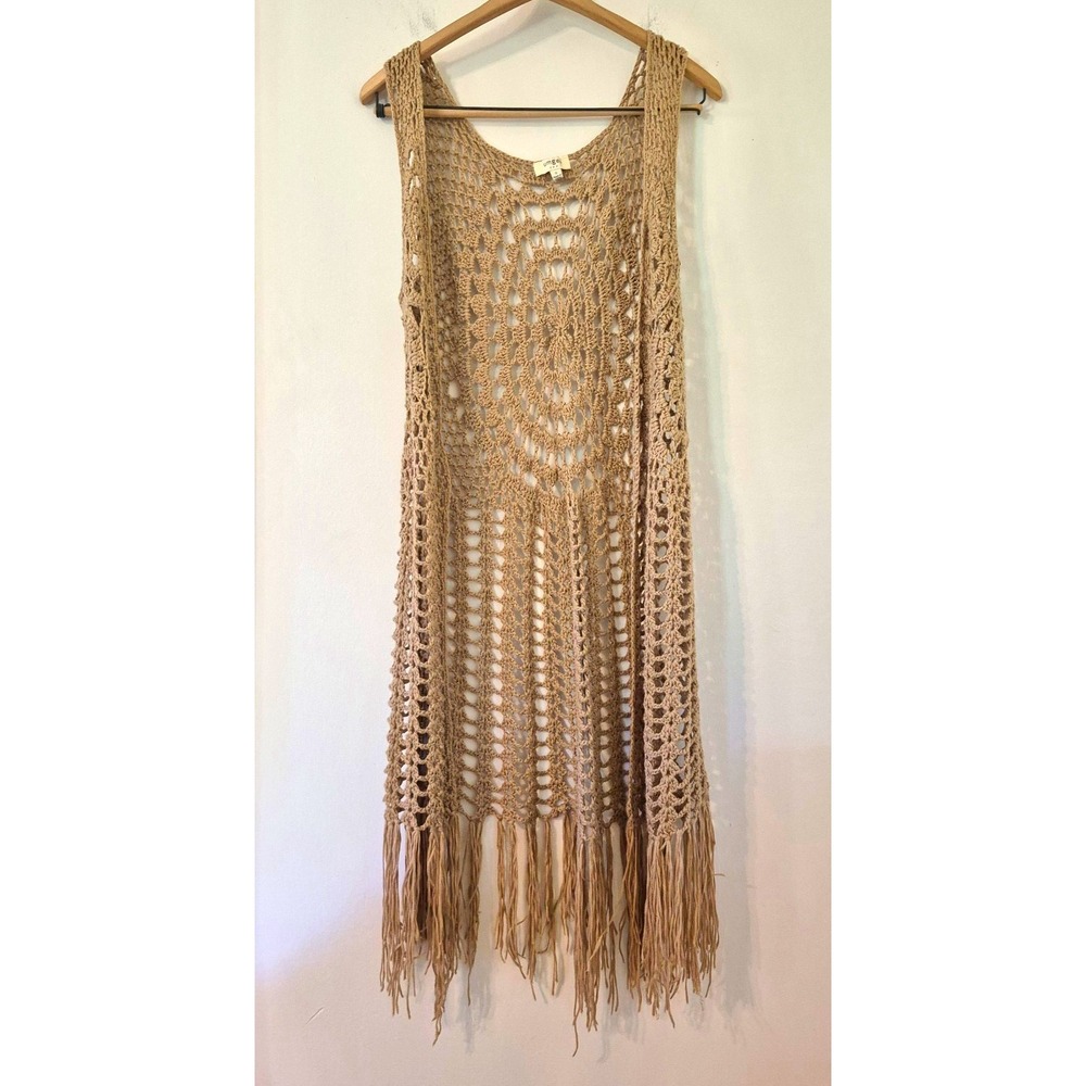 Women's S Crochet Knit Fringe Vest Duster Boho Festival Western Cowgirl Fairy